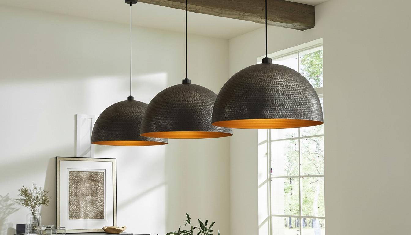 Set of 2 Hammered Copper Dome Pendant Lights, Moroccan Rustic Fixture