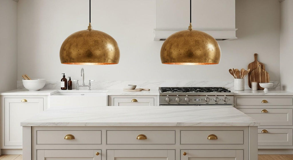 Handmade Brass Dome Pendant Light – Moroccan Brass Ceiling Lamp, Boho Modern Hanging Light Fixture  – Kitchen Island Lighting