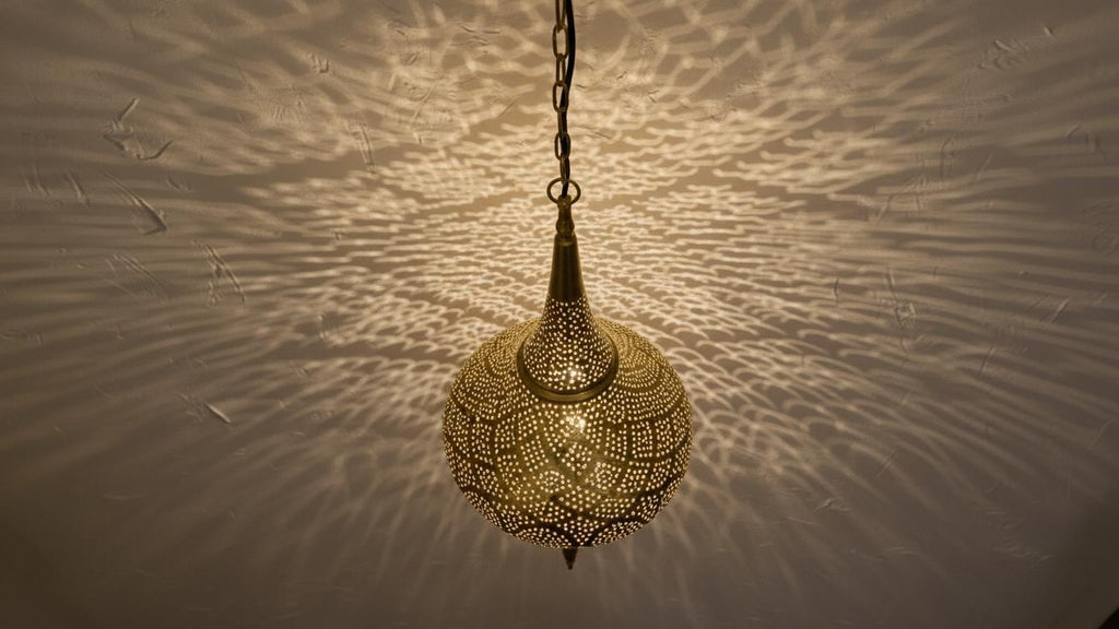 Handmade Moroccan Brass Pendant Lamp, Boho Hanging Light