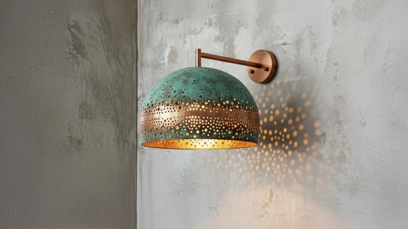 Oxidized Copper Wall Sconce with Green Patina, Handmade Dome Wall Lamp, Rustic Kitchen & Entryway Wall Light Fixture