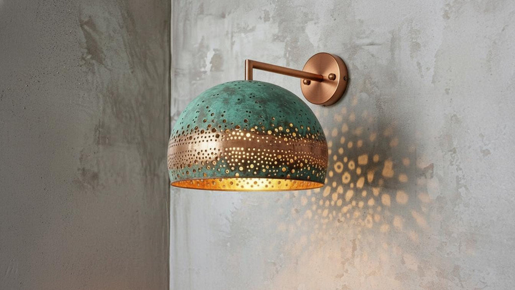 Oxidized Copper Wall Sconce with Green Patina, Handmade Dome Wall Lamp, Rustic Kitchen & Entryway Wall Light Fixture