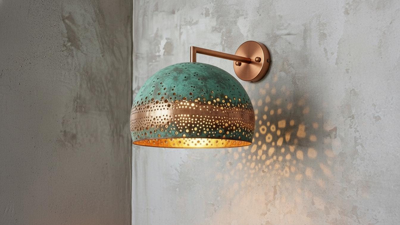 Oxidized Copper Wall Sconce with Green Patina, Handmade Dome Wall Lamp, Rustic Kitchen & Entryway Wall Light Fixture
