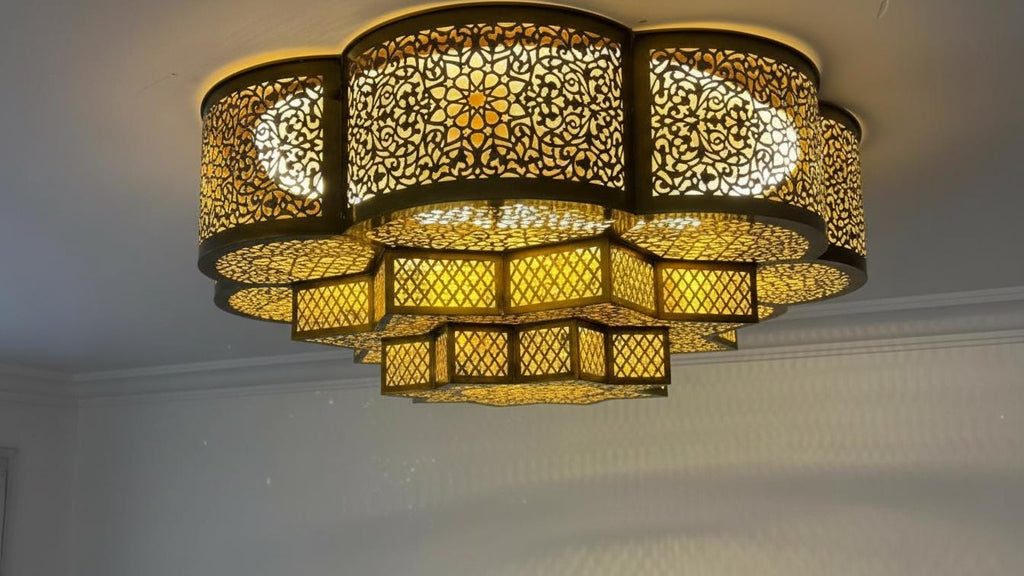 Handmade Flush Ceiling Light, Handcrafted Moroccan Brass Lighting, Flush Mount Farmhouse Chandelier Vintage, Handmade Engraved Fixture