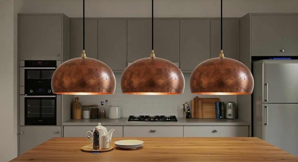 Aged Copper Dome Ceiling Light – Handmade Patina Pendant Lamp for Vintage Kitchen or Dining Room Lighting, Rustic Moroccan Home Decor Design