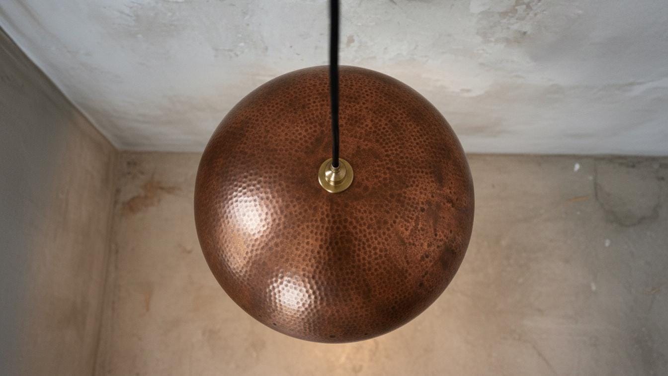 Aged Copper Dome Ceiling Light – Handmade Patina Pendant Lamp for Vintage Kitchen or Dining Room Lighting, Rustic Moroccan Home Decor Design