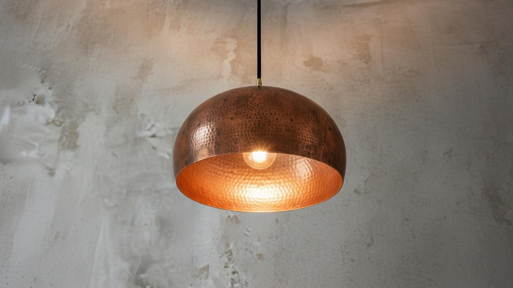 Aged Copper Dome Ceiling Light – Handmade Patina Pendant Lamp for Vintage Kitchen or Dining Room Lighting, Rustic Moroccan Home Decor Design
