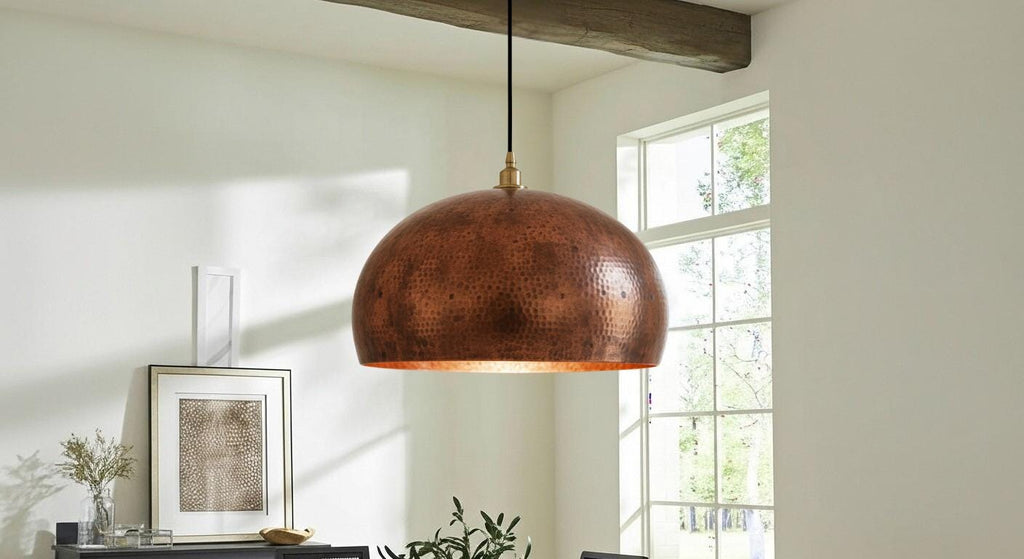 Aged Copper Dome Ceiling Light – Handmade Patina Pendant Lamp for Vintage Kitchen or Dining Room Lighting, Rustic Moroccan Home Decor Design