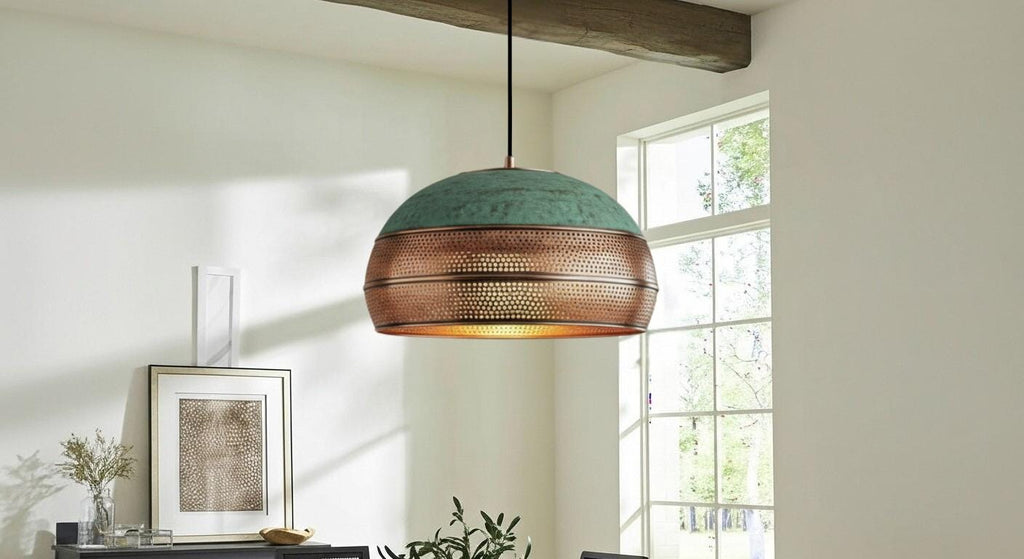Handmade Copper Dome Pendant Light, Green Patina Boho Chandelier , Moroccan Style , Rustic Farmhouse Kitchen Island ,Boho Moroccan Lamps