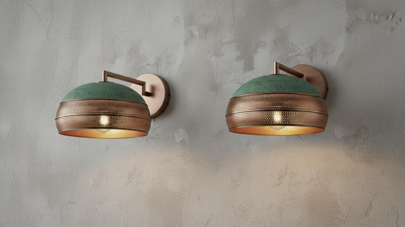 Perforated Oxidized Copper Wall Lamp – Handmade Green Patina Wall Sconce, Vintage Moroccan Pierced Brass-Style Light, Handcrafted Wall Fixture