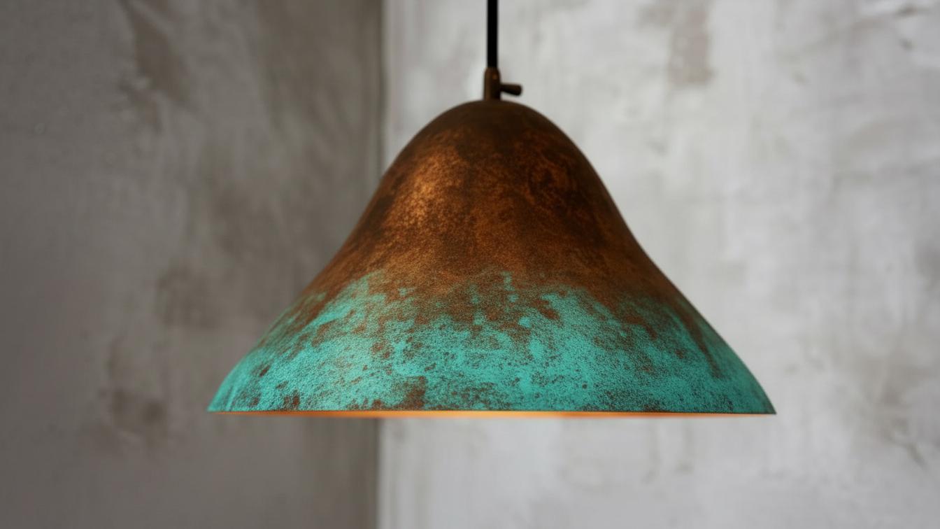 Hammered Copper Dome Pendant Light, Green Patina, Moroccan Style