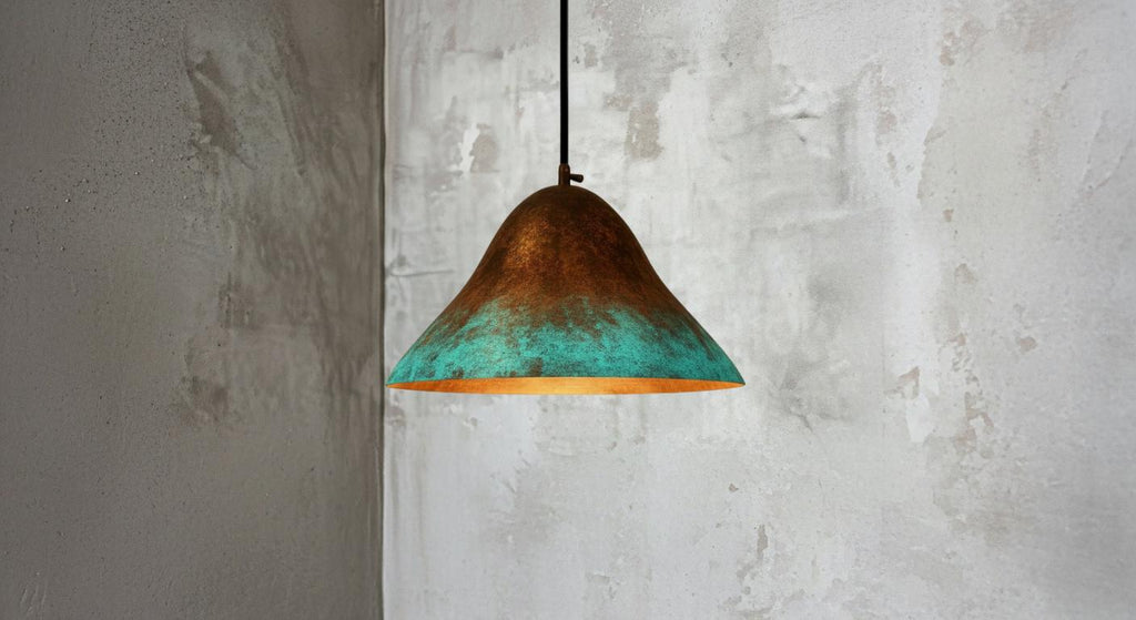 Hammered Copper Dome Pendant Light, Green Patina, Moroccan Style