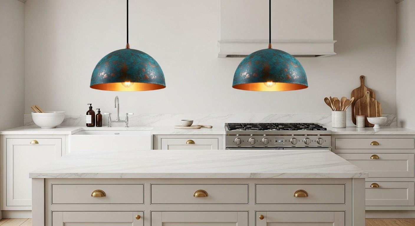 Handcrafted Copper Dome Pendant Light, Blue Patina Moroccan Style
