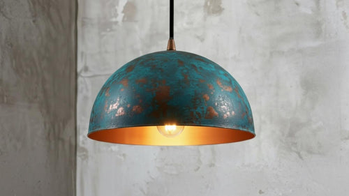 Handcrafted Copper Dome Pendant Light, Blue Patina Moroccan Style