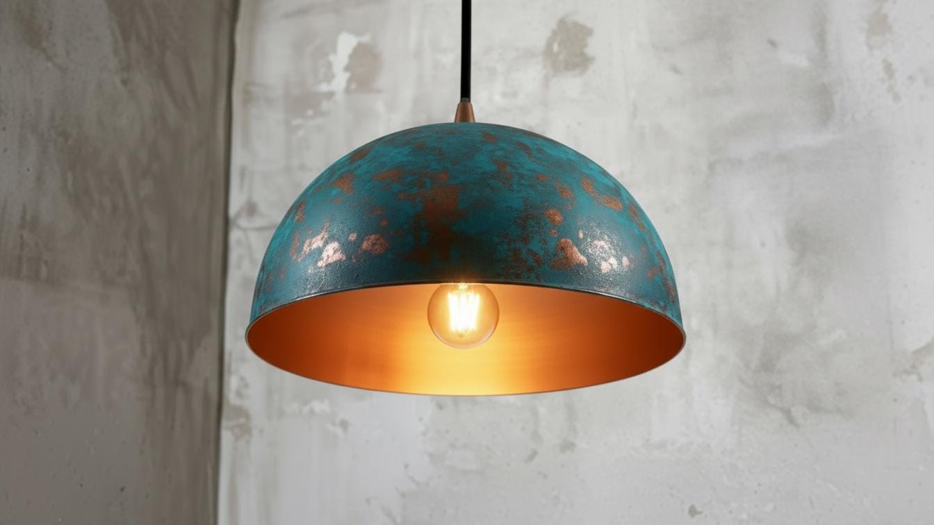 Handcrafted Copper Dome Pendant Light, Blue Patina Moroccan Style