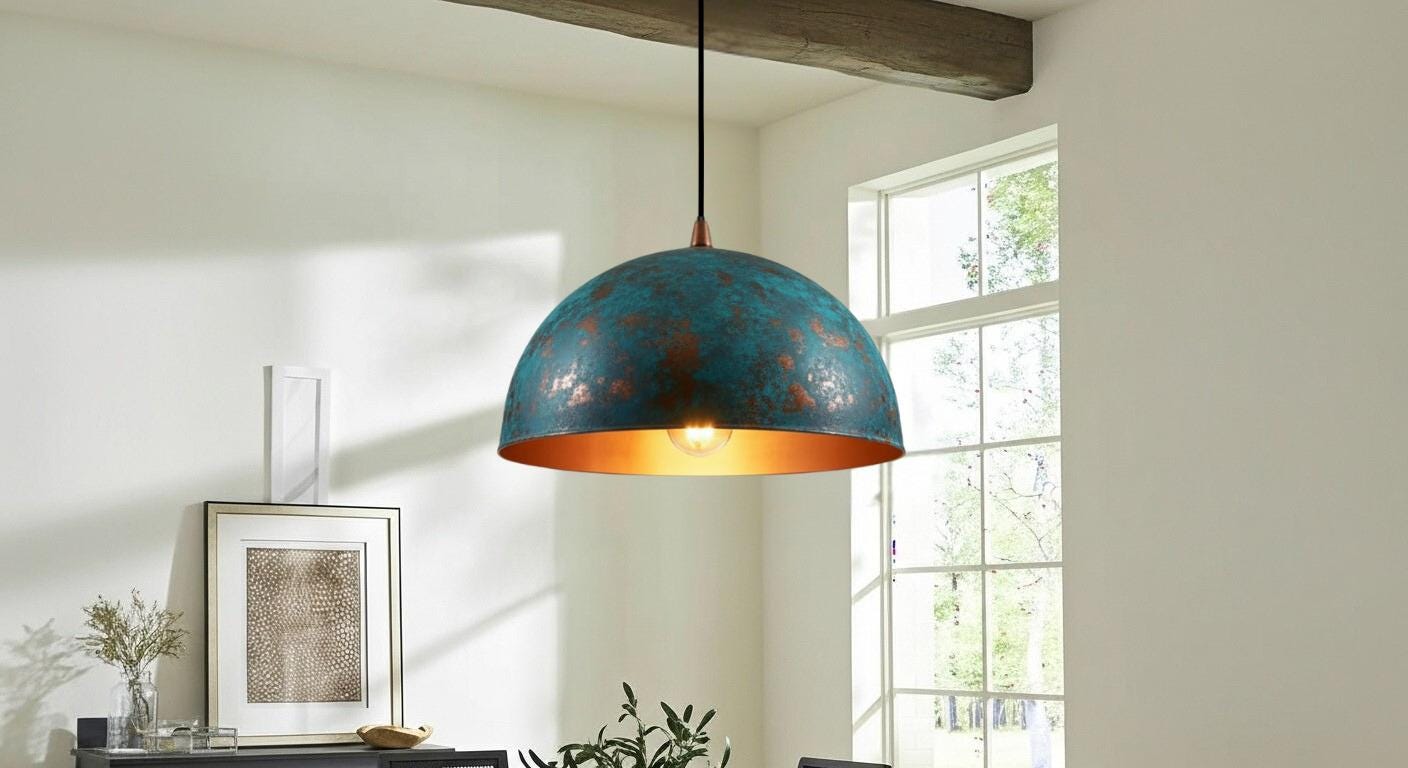 Handcrafted Copper Dome Pendant Light, Blue Patina Moroccan Style