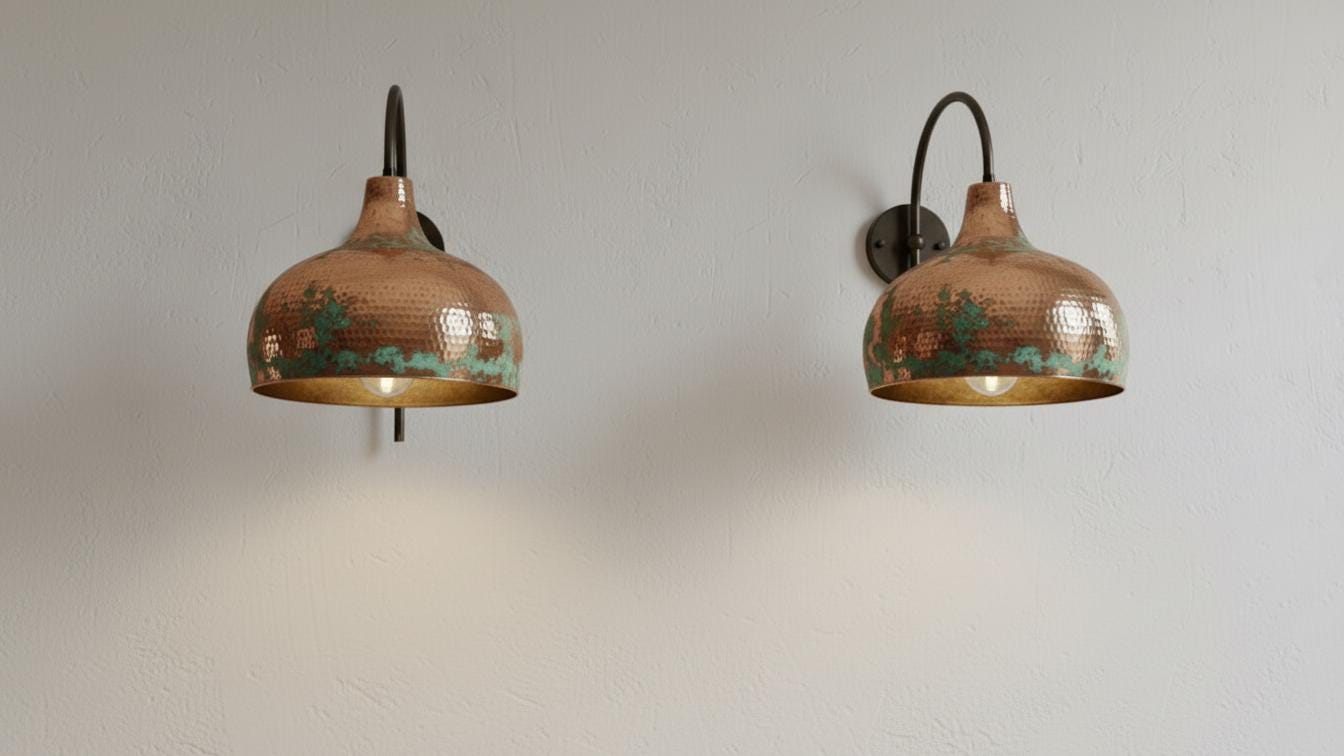 Hand-Made Green Patina Light Art Deco CopperWall Sconce, Hammered Copper Wall Light, Rustic Moroccan Sconce Lamp