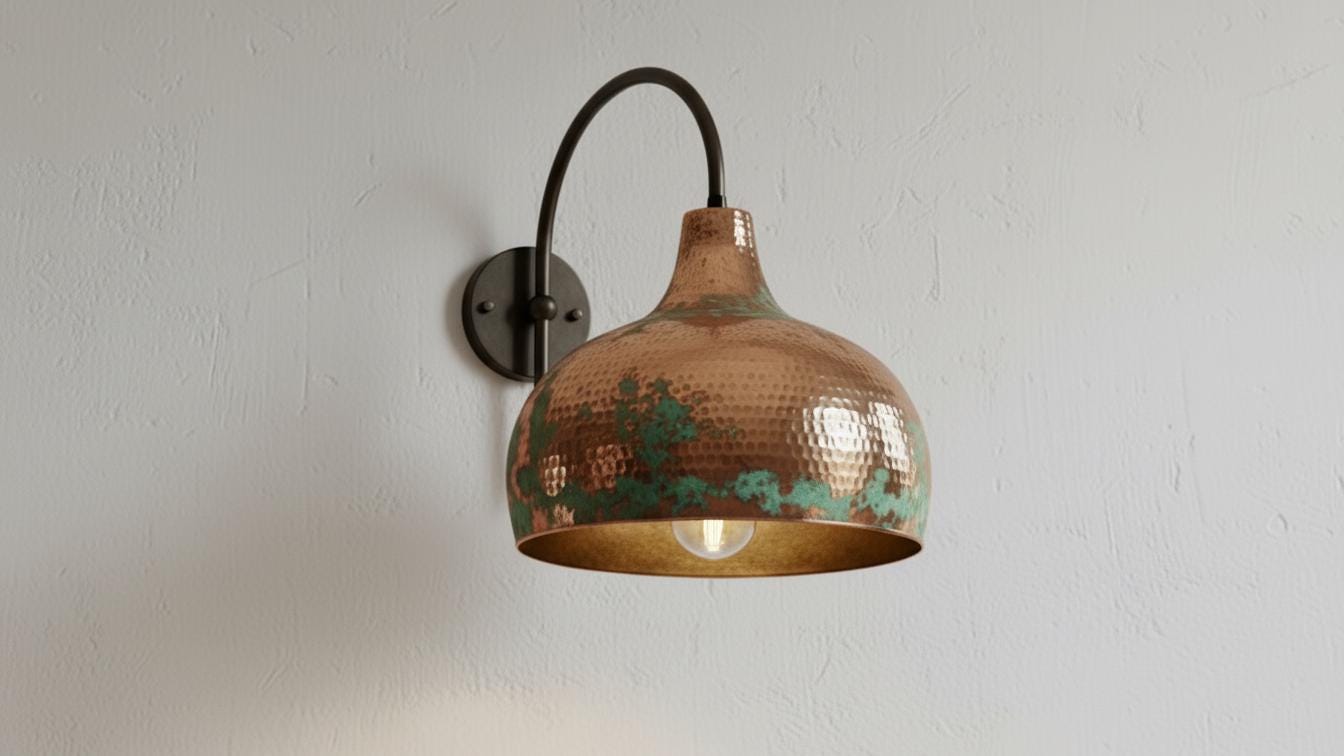 Hand-Made Green Patina Light Art Deco CopperWall Sconce, Hammered Copper Wall Light, Rustic Moroccan Sconce Lamp