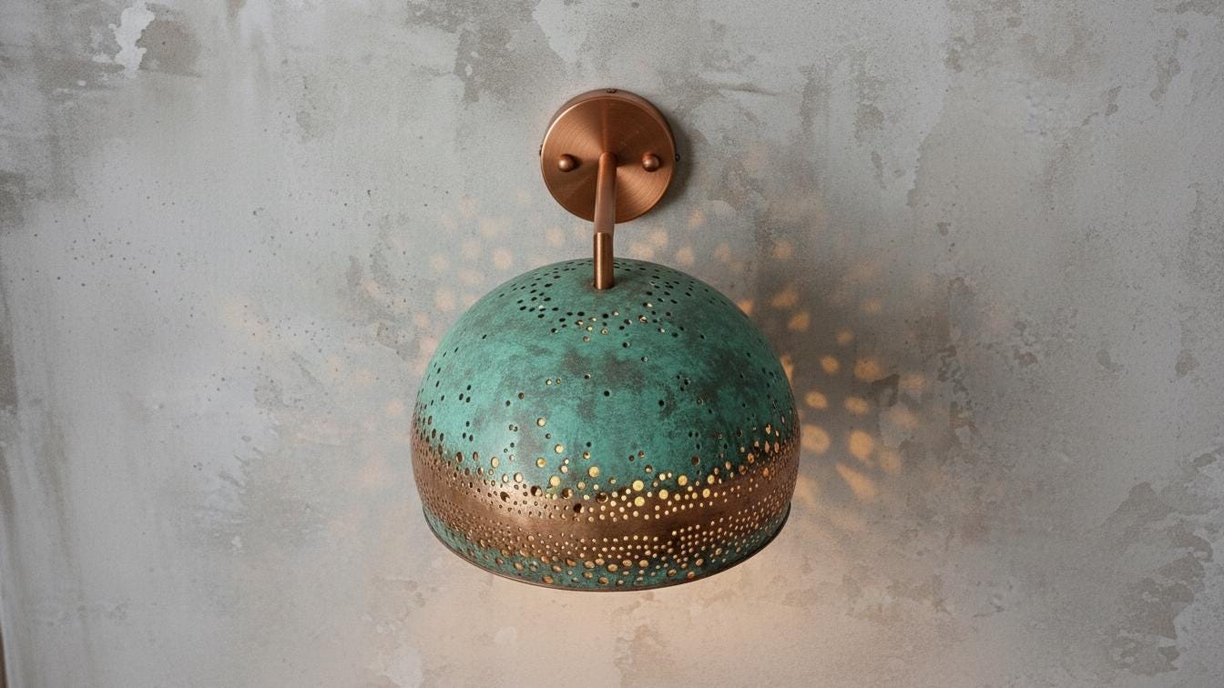 Oxidized Copper Wall Sconce with Green Patina, Handmade Dome Wall Lamp, Rustic Kitchen & Entryway Wall Light Fixture