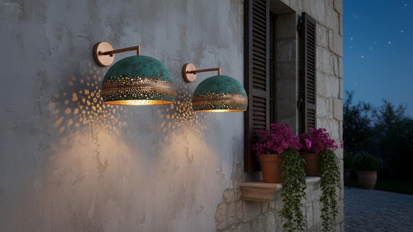 Oxidized Copper Wall Sconce with Green Patina, Handmade Dome Wall Lamp, Rustic Kitchen & Entryway Wall Light Fixture