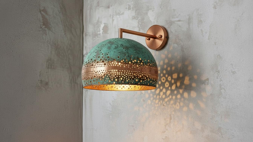 Oxidized Copper Wall Sconce with Green Patina, Handmade Dome Wall Lamp, Rustic Kitchen & Entryway Wall Light Fixture