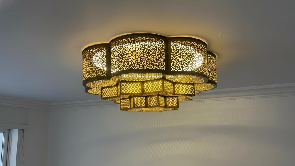 Handmade Flush Ceiling Light, Handcrafted Moroccan Brass Lighting, Flush Mount Farmhouse Chandelier Vintage, Handmade Engraved Fixture
