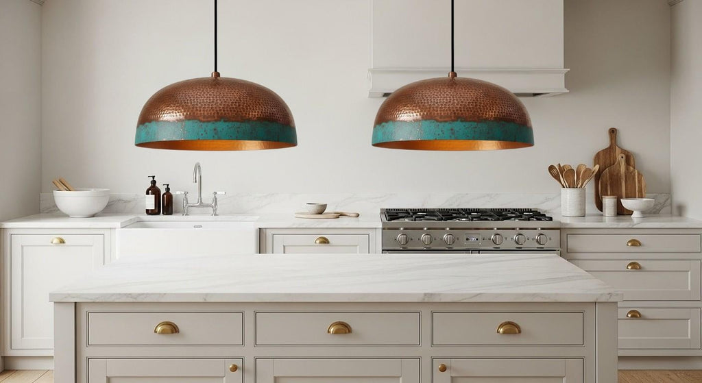 Green Patina Dome Pendant Light – Handmade Brass Ceiling Fixture– Rustic Farmhouse Hanging Chandelier – Vintage Boho Lighting