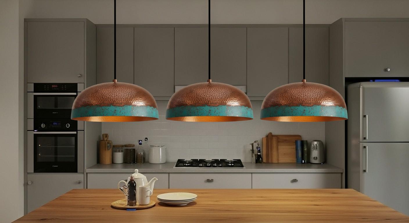 Green Patina Dome Pendant Light – Handmade Brass Ceiling Fixture– Rustic Farmhouse Hanging Chandelier – Vintage Boho Lighting