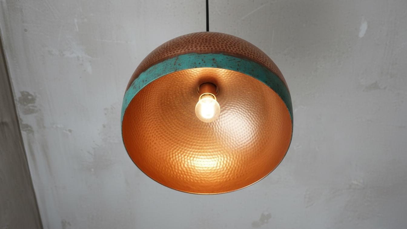 Green Patina Dome Pendant Light – Handmade Brass Ceiling Fixture– Rustic Farmhouse Hanging Chandelier – Vintage Boho Lighting