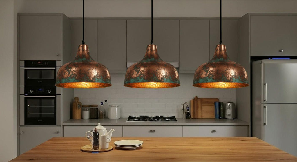 Oxidized Copper Dome Pendant Light – Handcrafted Green Patina Farmhouse Ceiling Fixture, Moroccan Copper Hanging Lamp