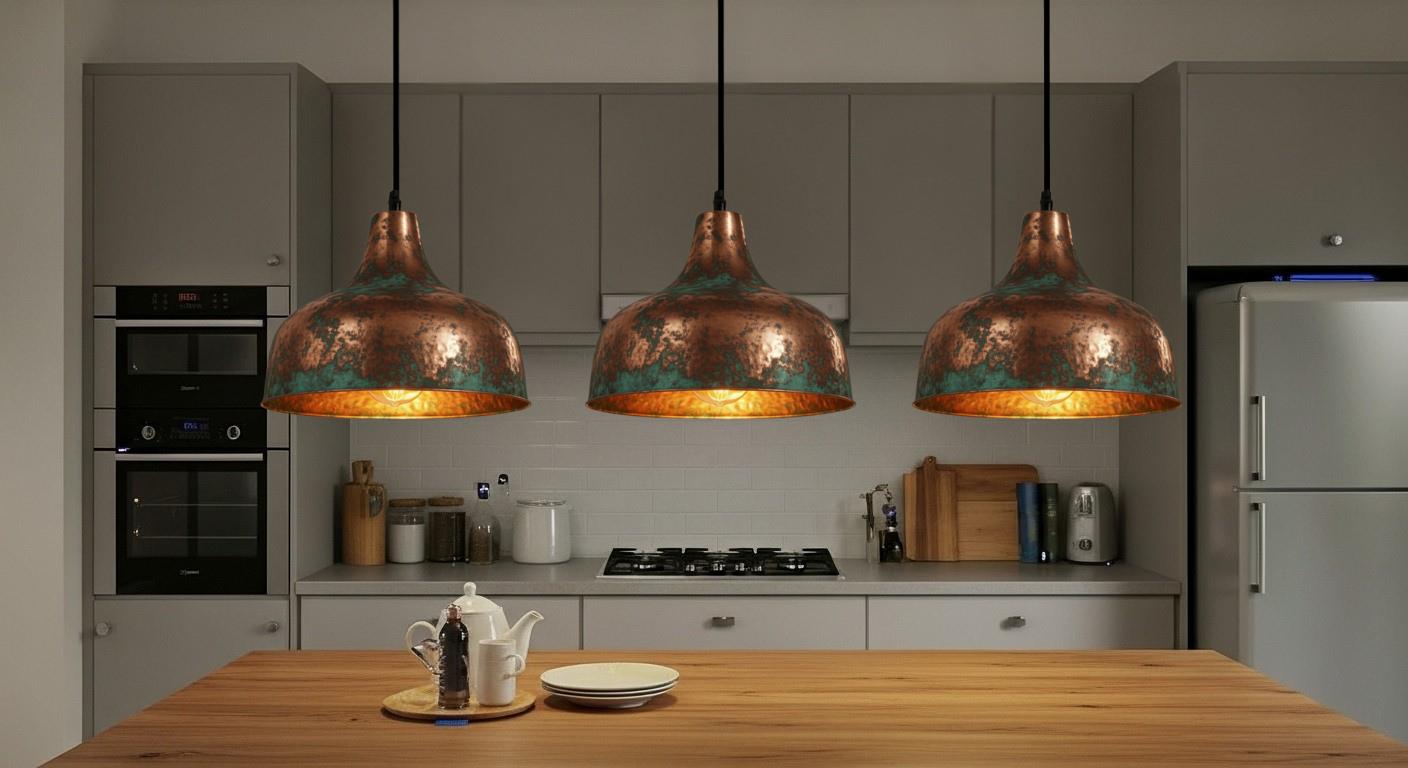 Oxidized Copper Dome Pendant Light – Handcrafted Green Patina Farmhouse Ceiling Fixture, Moroccan Copper Hanging Lamp