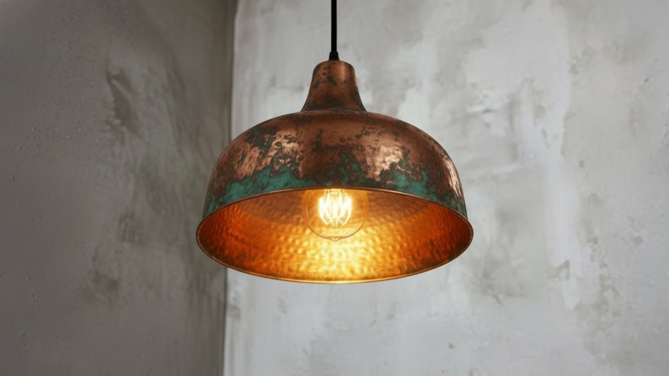Oxidized Copper Dome Pendant Light – Handcrafted Green Patina Farmhouse Ceiling Fixture, Moroccan Copper Hanging Lamp