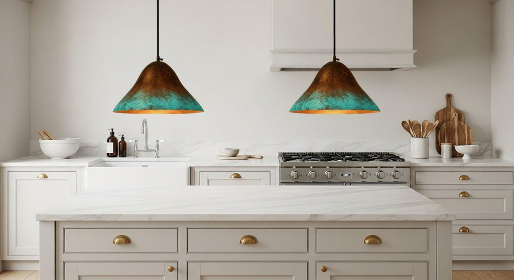 Hammered Copper Dome Pendant Light, Green Patina, Moroccan Style