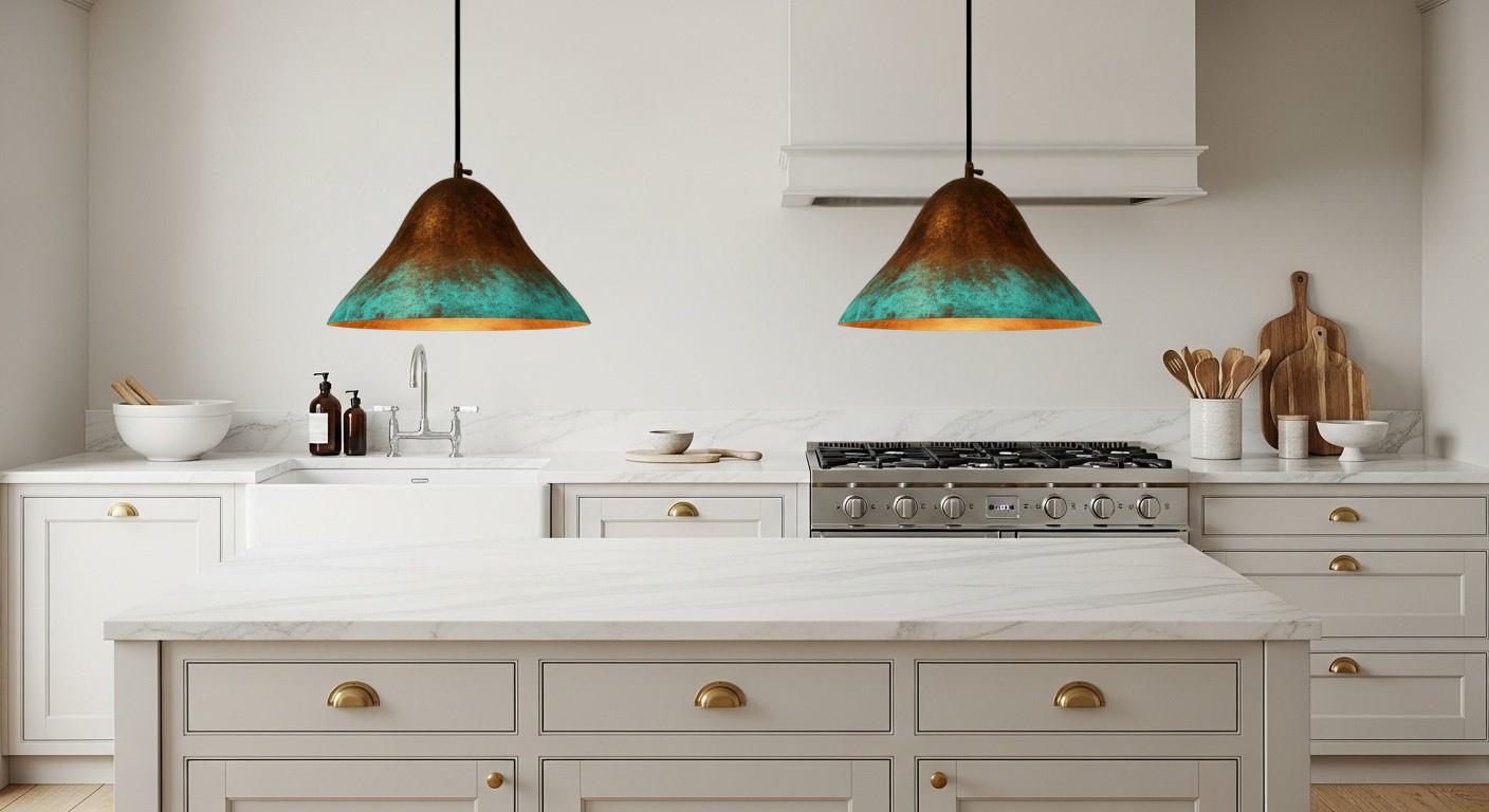 Hammered Copper Dome Pendant Light, Green Patina, Moroccan Style