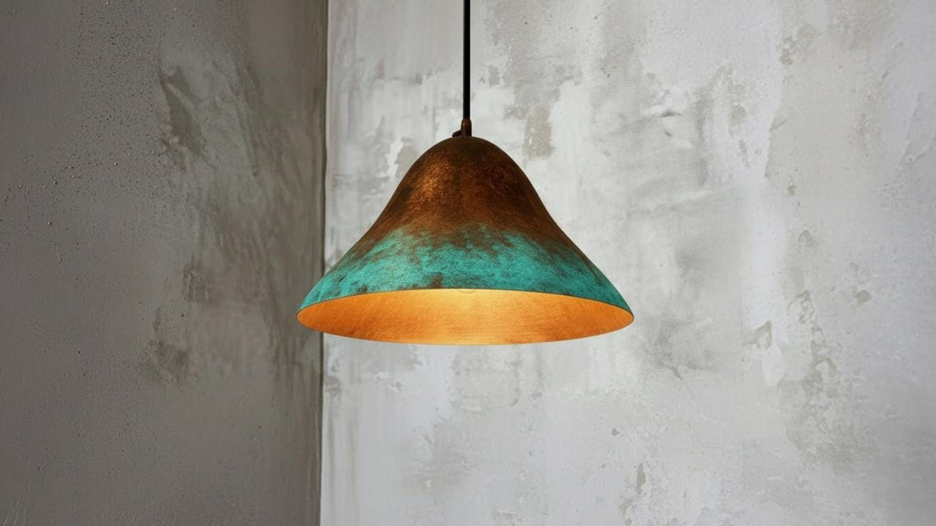 Hammered Copper Dome Pendant Light, Green Patina, Moroccan Style