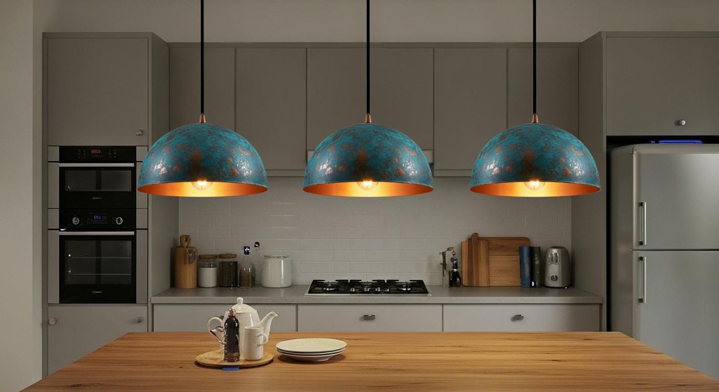 Handcrafted Copper Dome Pendant Light, Blue Patina Moroccan Style
