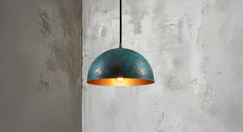 Handcrafted Copper Dome Pendant Light, Blue Patina Moroccan Style