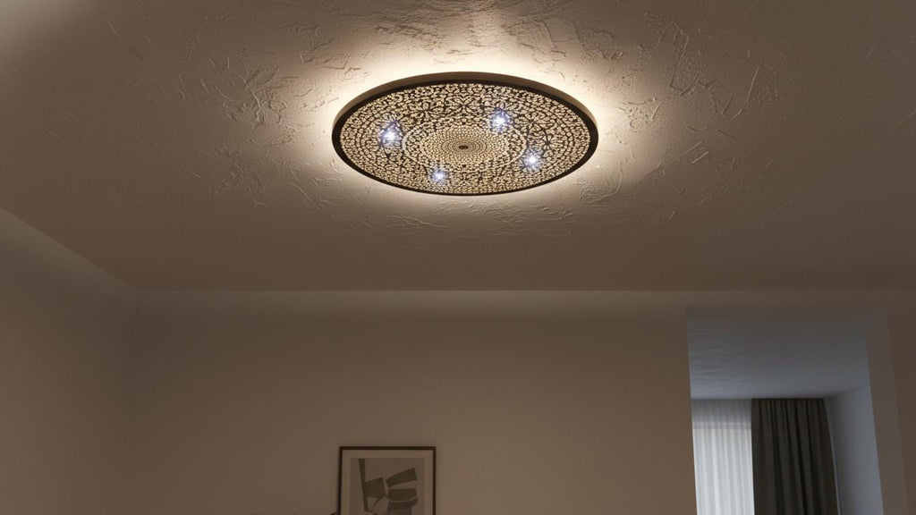 Handmade Moroccan Brass Flush Mount Ceiling Light - Engraved Geometric Fixture