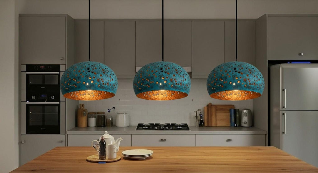 Blue Patina Copper Dome Pendant Light – Rustic Farmhouse Hanging Lamp, Kitchen Island Ceiling Light Fixture
