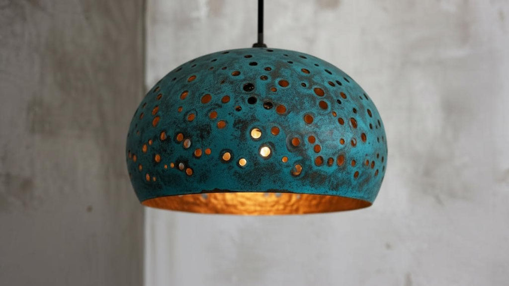 Blue Patina Copper Dome Pendant Light – Rustic Farmhouse Hanging Lamp, Kitchen Island Ceiling Light Fixture