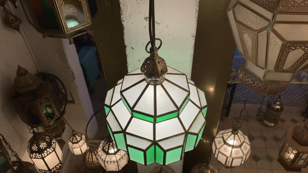 Handmade Moroccan Brass Pendant Light: Milk Glass Filigrain Lighting