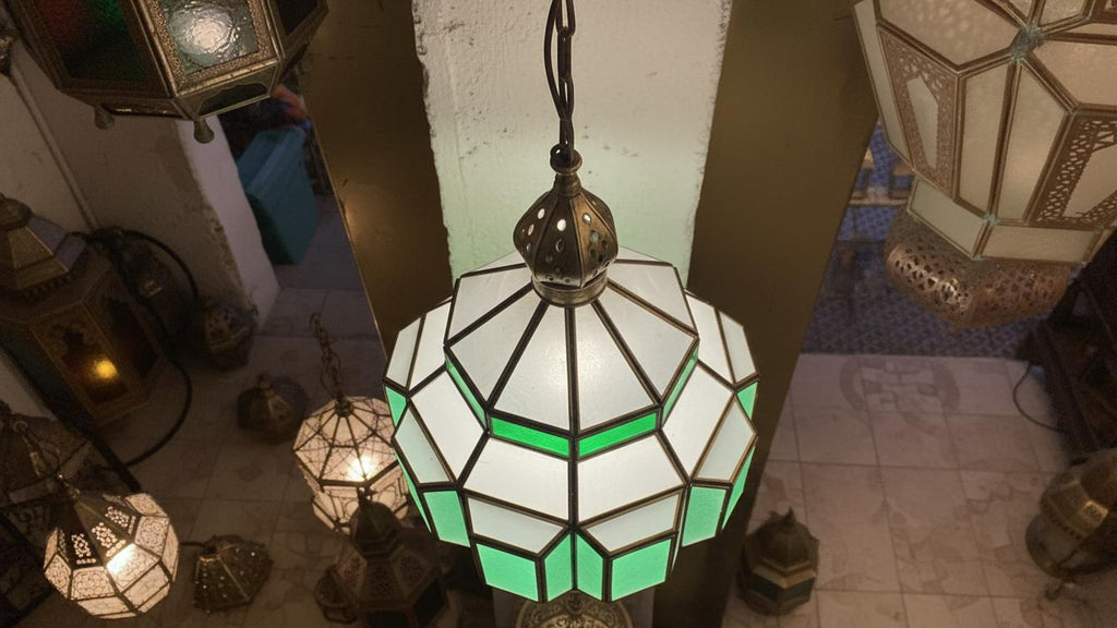 Handmade Moroccan Brass Pendant Light: Milk Glass Filigrain Lighting