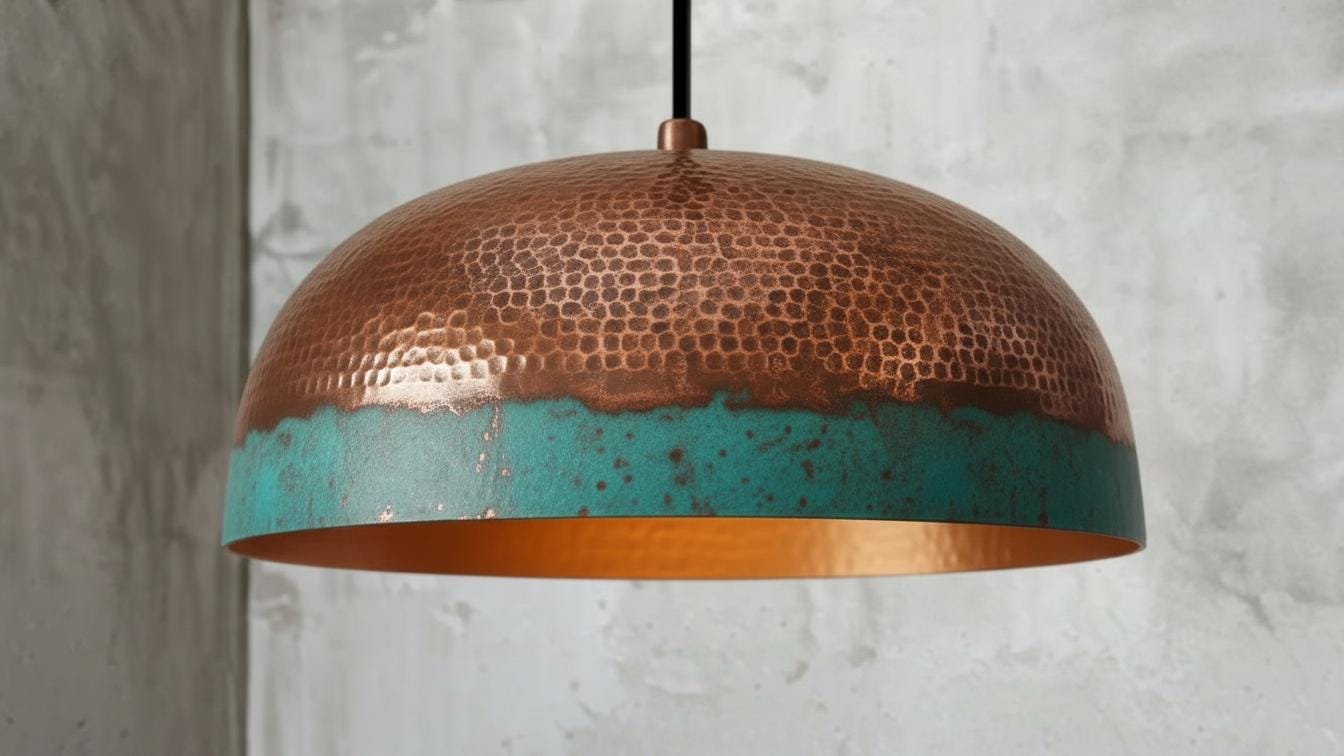 Green Patina Dome Pendant Light – Handmade Brass Ceiling Fixture– Rustic Farmhouse Hanging Chandelier – Vintage Boho Lighting