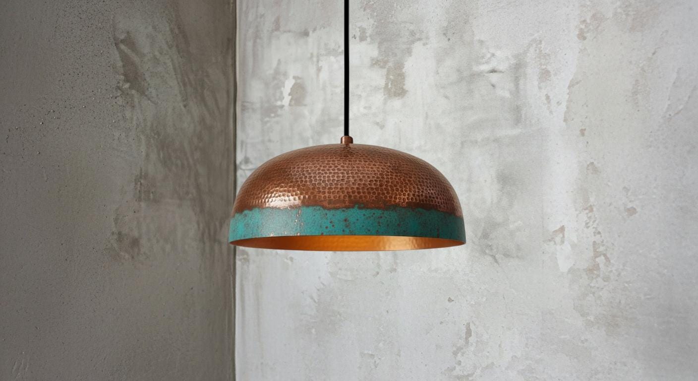 Green Patina Dome Pendant Light – Handmade Brass Ceiling Fixture– Rustic Farmhouse Hanging Chandelier – Vintage Boho Lighting