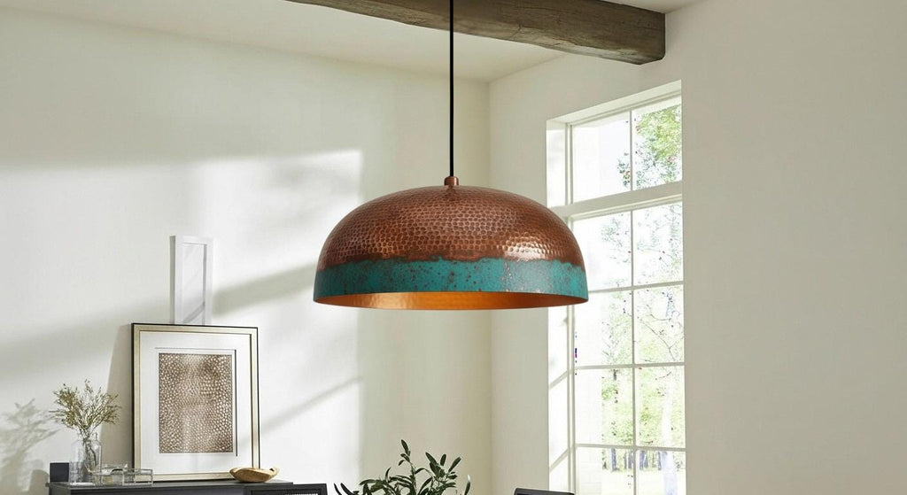 Green Patina Dome Pendant Light – Handmade Brass Ceiling Fixture– Rustic Farmhouse Hanging Chandelier – Vintage Boho Lighting