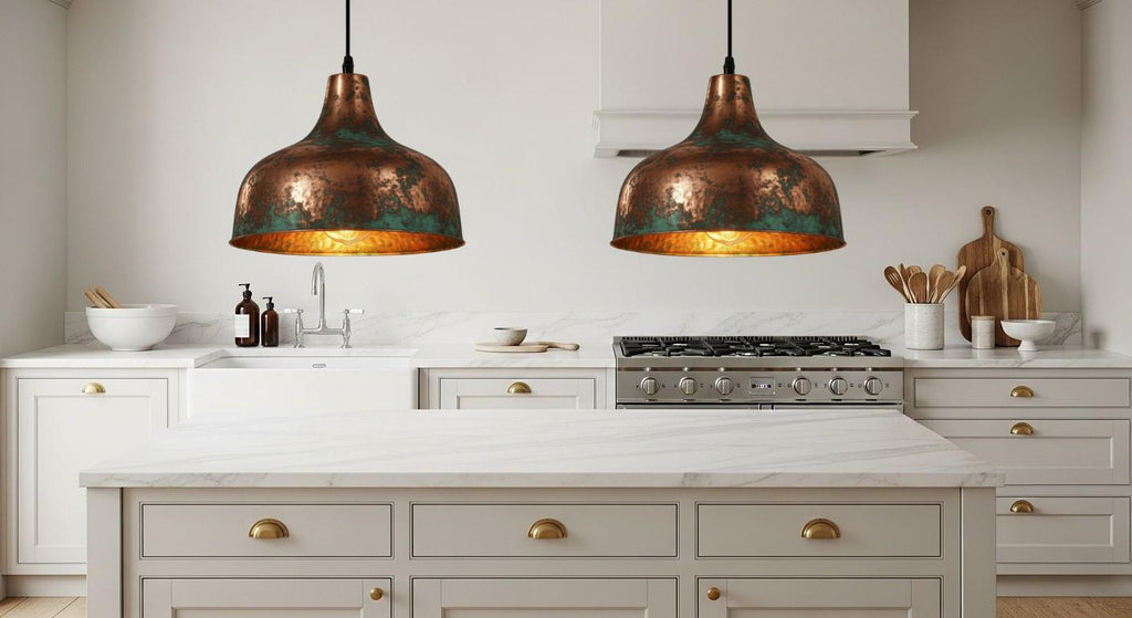 Oxidized Copper Dome Pendant Light – Handcrafted Green Patina Farmhouse Ceiling Fixture, Moroccan Copper Hanging Lamp