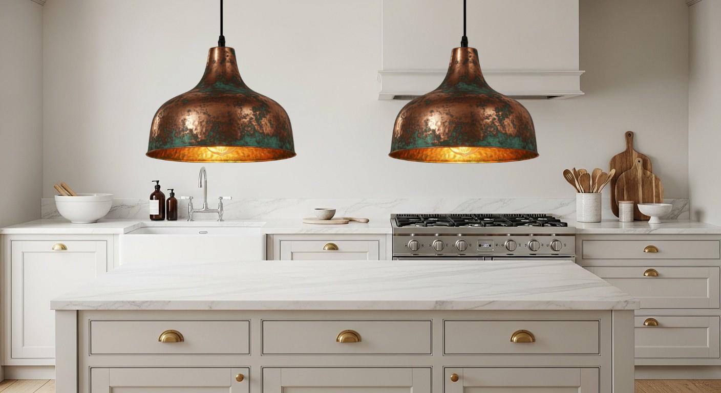 Oxidized Copper Dome Pendant Light – Handcrafted Green Patina Farmhouse Ceiling Fixture, Moroccan Copper Hanging Lamp
