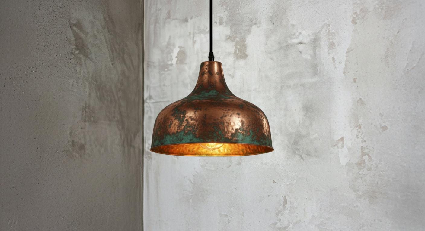 Oxidized Copper Dome Pendant Light – Handcrafted Green Patina Farmhouse Ceiling Fixture, Moroccan Copper Hanging Lamp