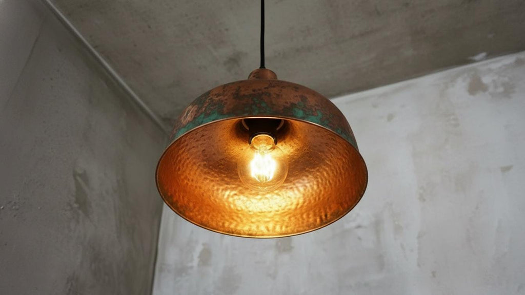 Oxidized Copper Dome Pendant Light – Handcrafted Green Patina Farmhouse Ceiling Fixture, Moroccan Copper Hanging Lamp