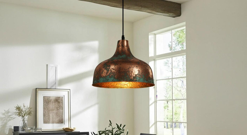 Oxidized Copper Dome Pendant Light – Handcrafted Green Patina Farmhouse Ceiling Fixture, Moroccan Copper Hanging Lamp