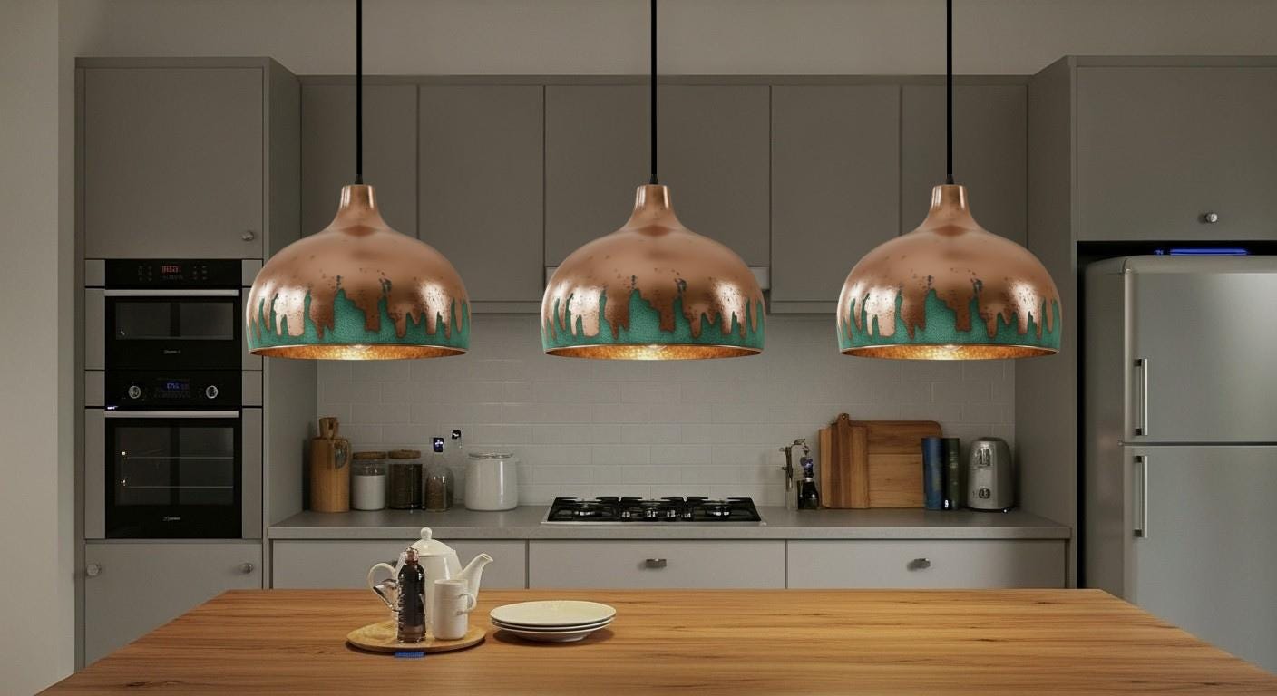 Verdigris Copper Pendant Light – Handmade Copper Dome Pendant Light – Green Patina Moroccan Ceiling Lamp –Rustic Farmhouse Lighting